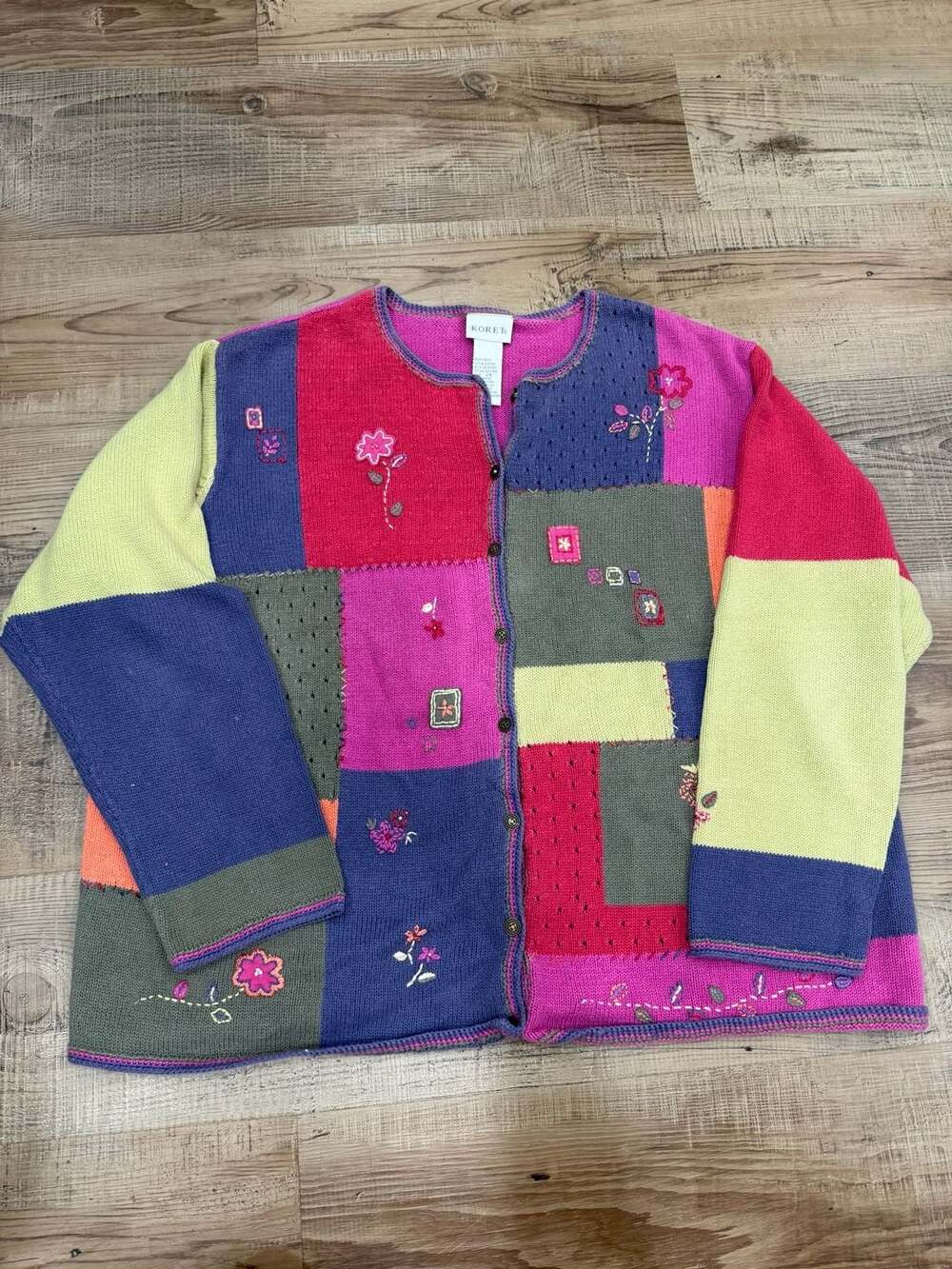 Vintage Koret Embroidered Patchwork Knit Cardigan Sweater Granny Cottagecore